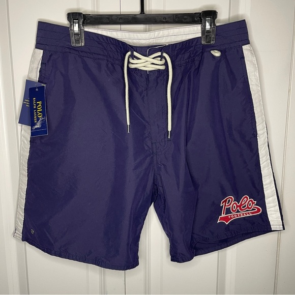 NWT Polo Ralph Lauren Football Swim Trunks Size 34” Navy Blue Mens 7” Inseam New - Picture 1 of 11